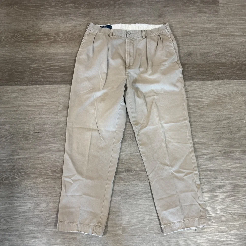 Vtg Polo Ralph Lauren Andrew Pant Mens 35/30 Khaki Pleated Cotton Chino Trousers